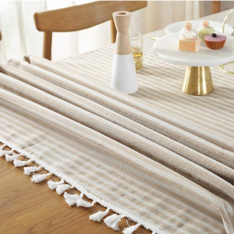 AMZALI Stripe Tassel Tablecloth Cotton Linen Stain Resistant/Dust-Proof Waterproof Table Cover for Kitchen Dinning Tabletop Decoration (Rectangle/Oblong,55 x 79 Inch, Beige) - Image 4